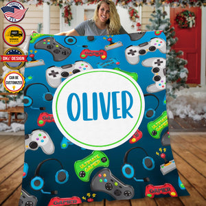 USA Printed Custom Game Blanket, Blue Game Pattern Blanket,  Gaming Blanket for Gamer, Custom Name Blanket, Birthday Gift Blanket, Personalized Sherpa Blanket, Fleece Blanket, Gift for Him for Boy for Son