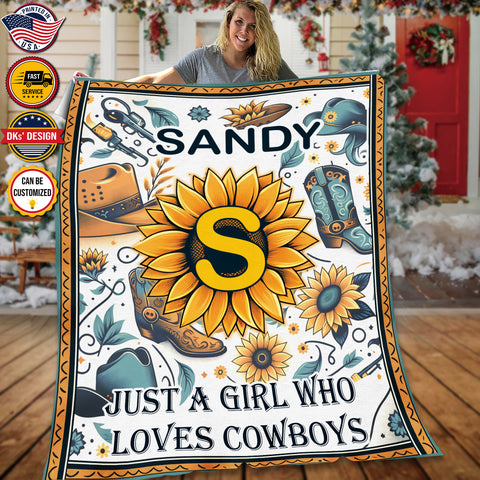 Image of USA Printed Custom Cowboy Blanket | Wild West Sunflower Cowboy Custom Name Blanket, Cowgirl Blanket, Personalized Cowboy Blanket, Sherpa Blanket, Fleece Blanket, Christmas Gifts, Custom Blanket for Girl, Gift For Daughter