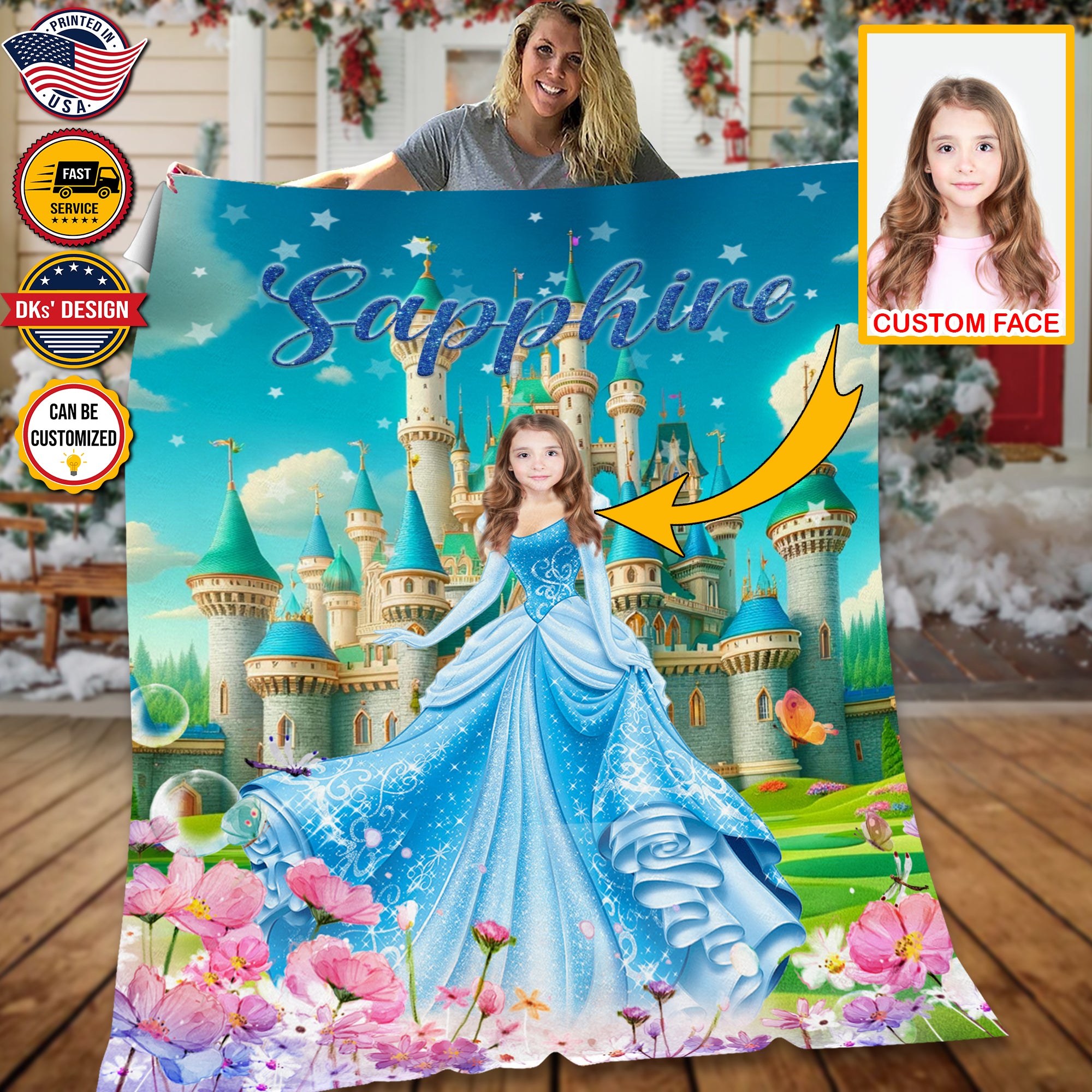 Personalized Fairytale Blanket, Blue Princess And Castle Custom Face And Name Blanket, Girl Blanket, Princess Blanket for Girl, Gift For Daughter
