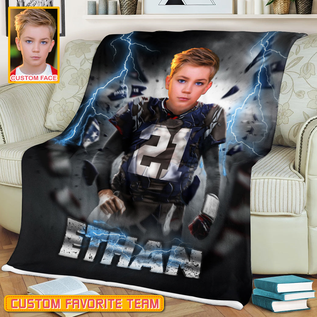Personalized Name & Photo Break Thunder American Football Blanket, Sport Blanket, Football Lover Gift