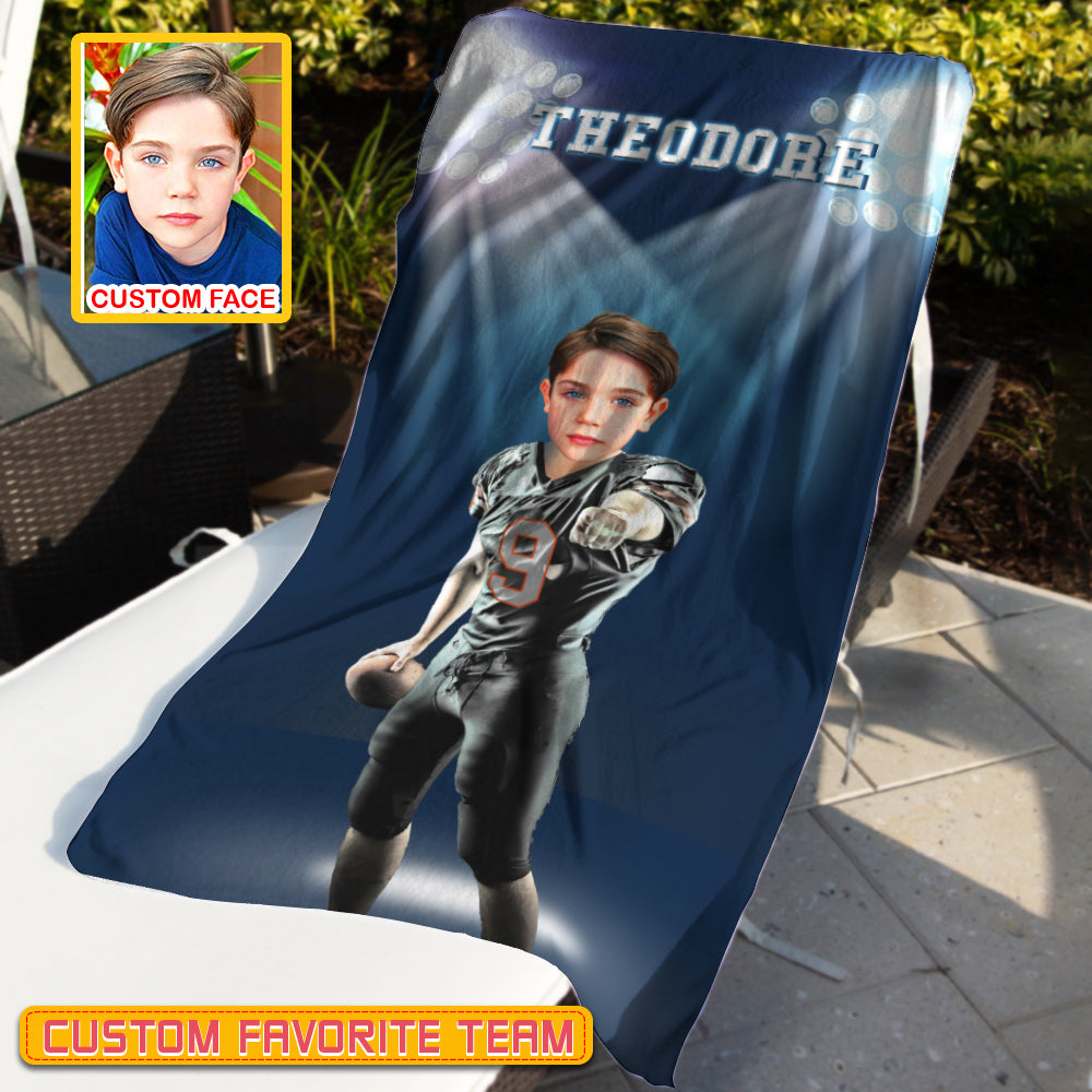 Personalized Name & Photo Under The Spotlight American Football Beach Towel, Sport Beach Towel, Football Lover Gift