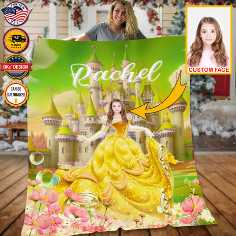 Image of Personalized Fairytale Blanket, Yellow Princess And Castle Blanket, Custom Face And Name Blanket, Girl Blanket, Princess Blanket for Girl