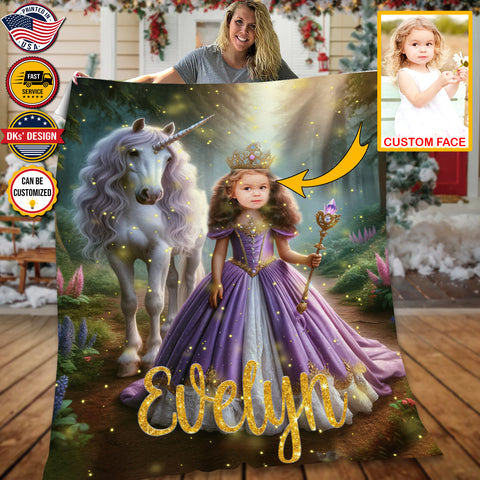 Image of Personalized Baby Princess Unicorn Custom Face And Custom Name Blanket, Fairy Tale Girl Blanket, Princess Blanket for Girl, Gift For Daughter