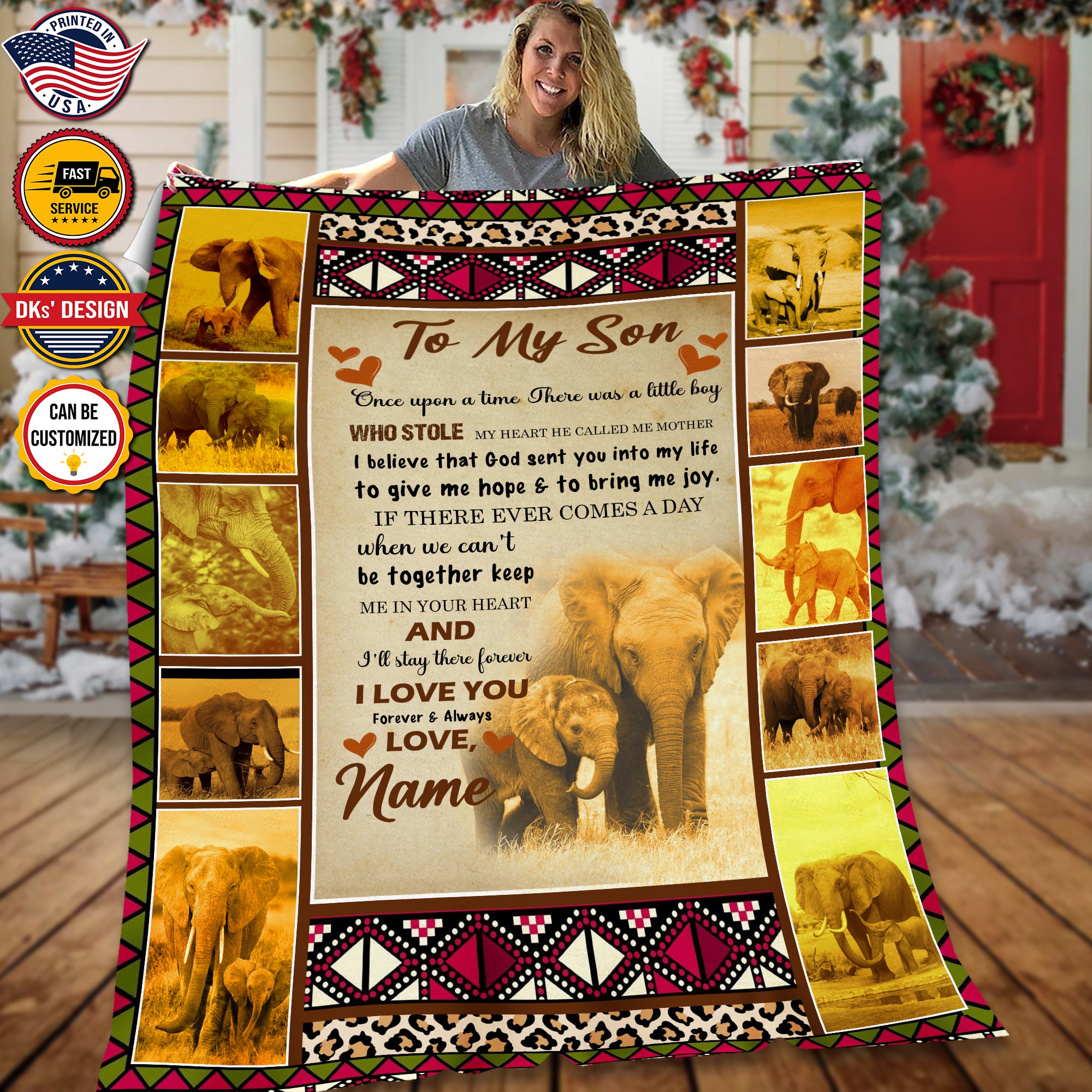 Personalized To My Son Elephant Blanket, Custom Name Blanket, Message Blanket, Elephant Blanket For Son, Son Elephant Blanket, Boy Blanket