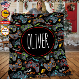 USA Printed Custom Game Blanket, Black Game Pattern Blanket,  Gaming Blanket for Gamer, Custom Name Blanket, Birthday Gift Blanket, Personalized Sherpa Blanket, Fleece Blanket, Gift for Him for Boy for Son