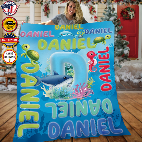 Image of Personalized Baby Animal Blanket, Under The Sea Initial Custom Name Blanket, Birthday Dolphin Blanket, Ocean Animals Blanket, Baby Shower Gift