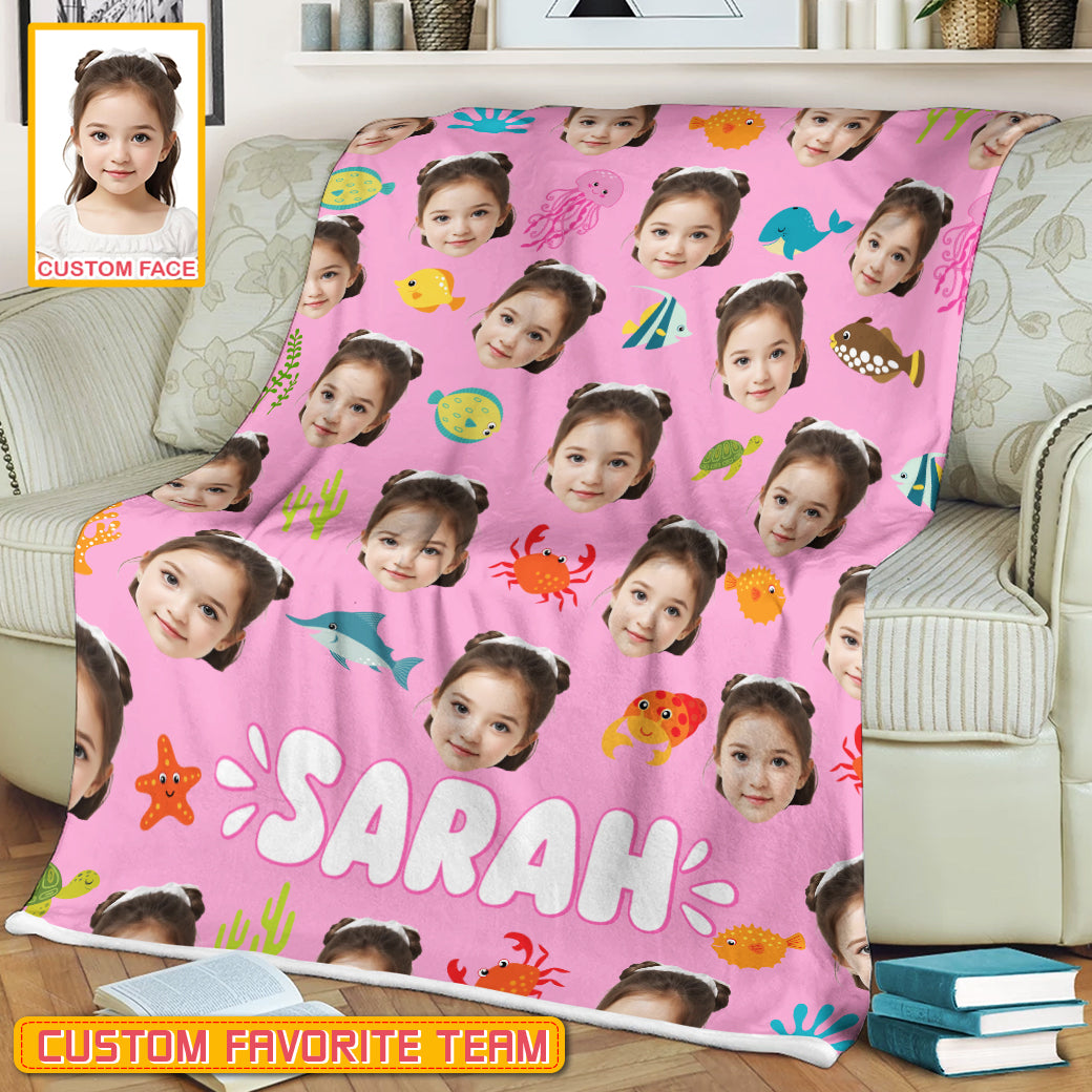 Personalized Name & Photo Girl Custom Face Sea Animals Ocean Animals Blanket