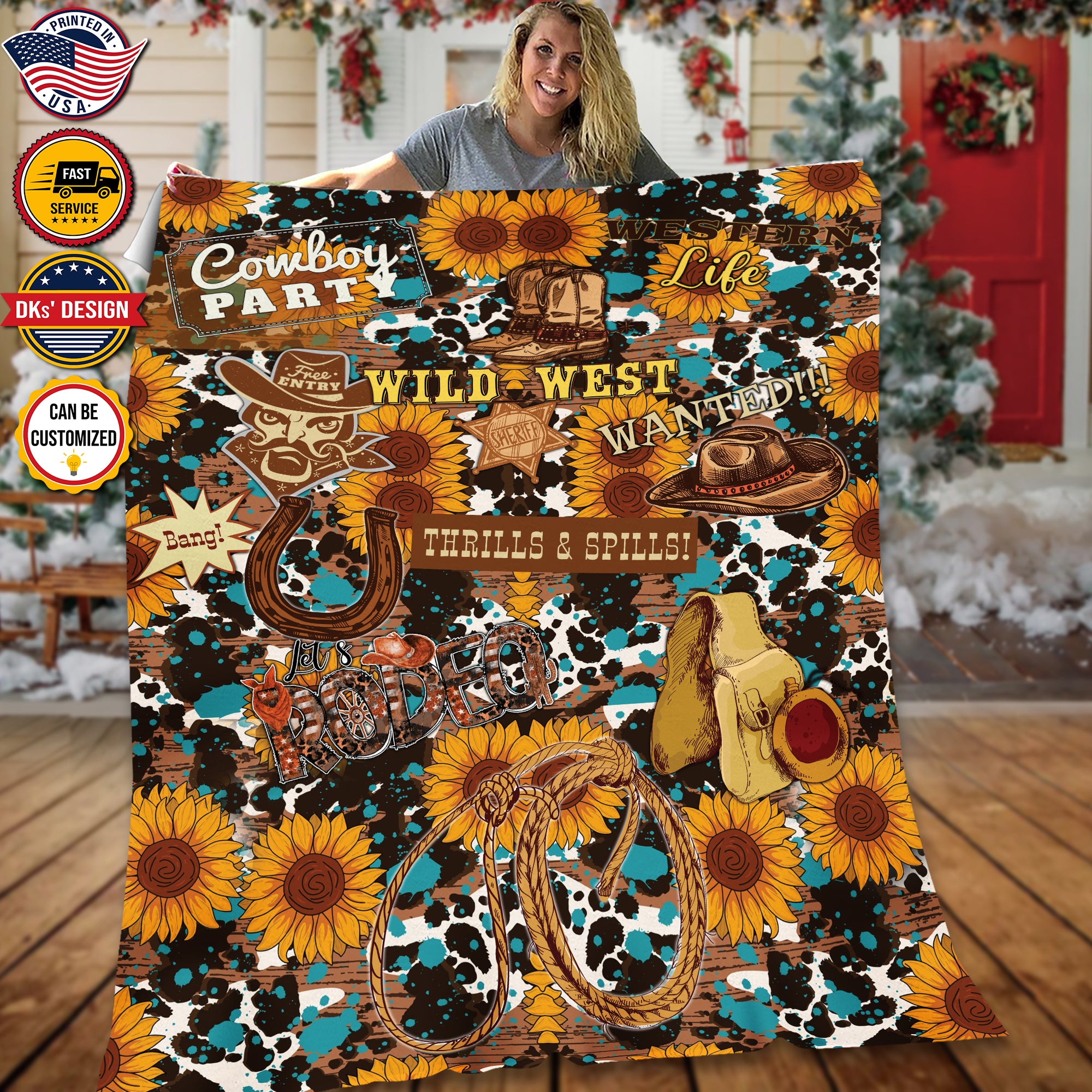 Personalized Cowboy Blanket, Custom Sunflower Wild West Thrills & Spills Blanket, Christmas Cowboy Blanket, Birthday Gifts, Christmas Gifts