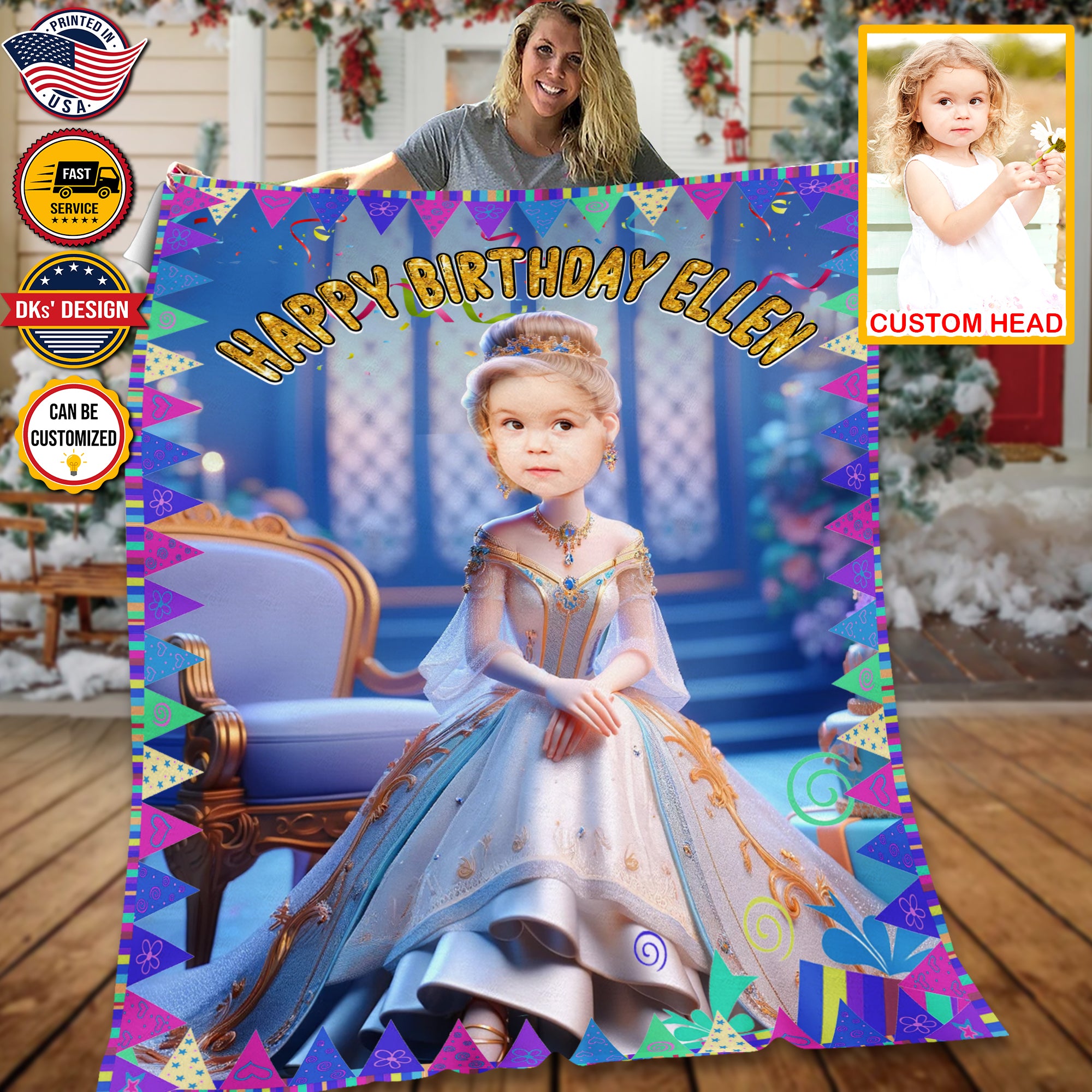 Personalized Baby Birthday Blanket, Custom Princess With Birthday Cake Blanket, Fairy Tale Girl Blanket, Baby Shower Gift, Christmas Gifts