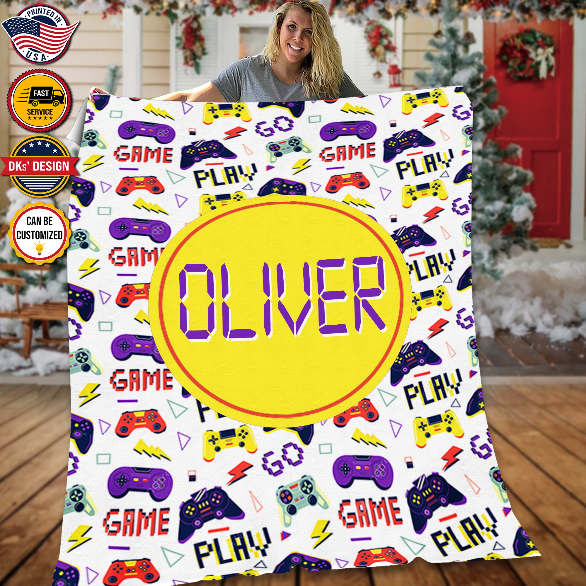 USA Printed Custom Game Blanket, White Game Pattern Blanket,  Gaming Blanket for Gamer, Custom Name Blanket, Birthday Gift Blanket, Personalized Sherpa Blanket, Fleece Blanket, Gift for Him for Boy for Son