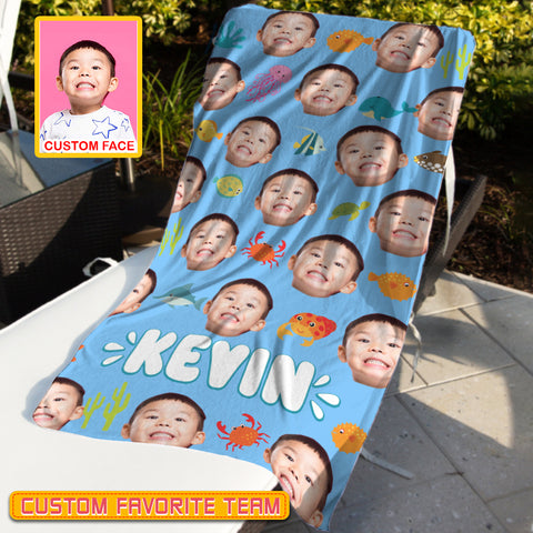 Image of Personalized Name & Photo Boy Custom Face Sea Animals Ocean Animals Beach Towel, Summer Gifts