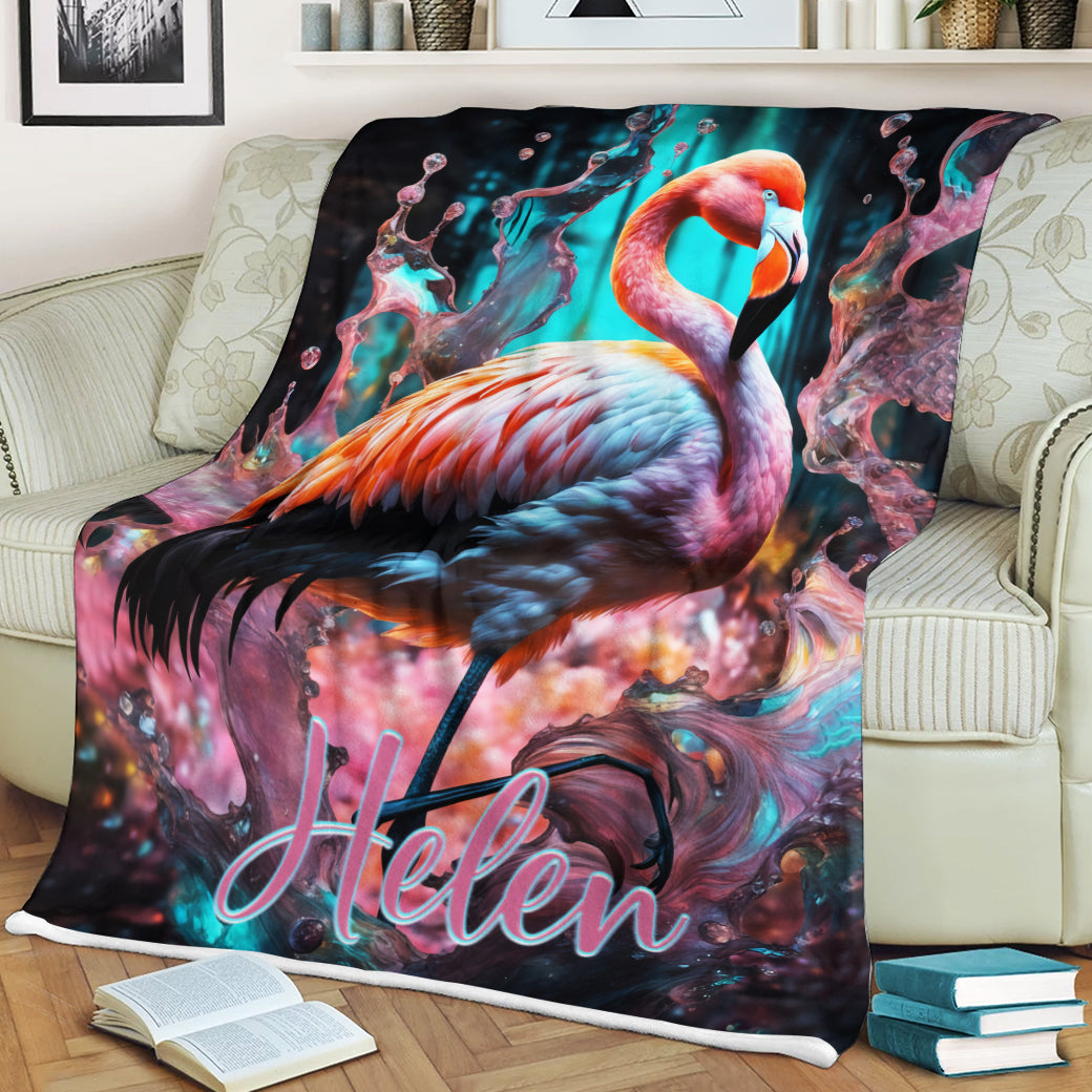 Personalized Name Flamingo Blanket, Splash Flamingo Blanket, Customized Gifts for Animals Lovers