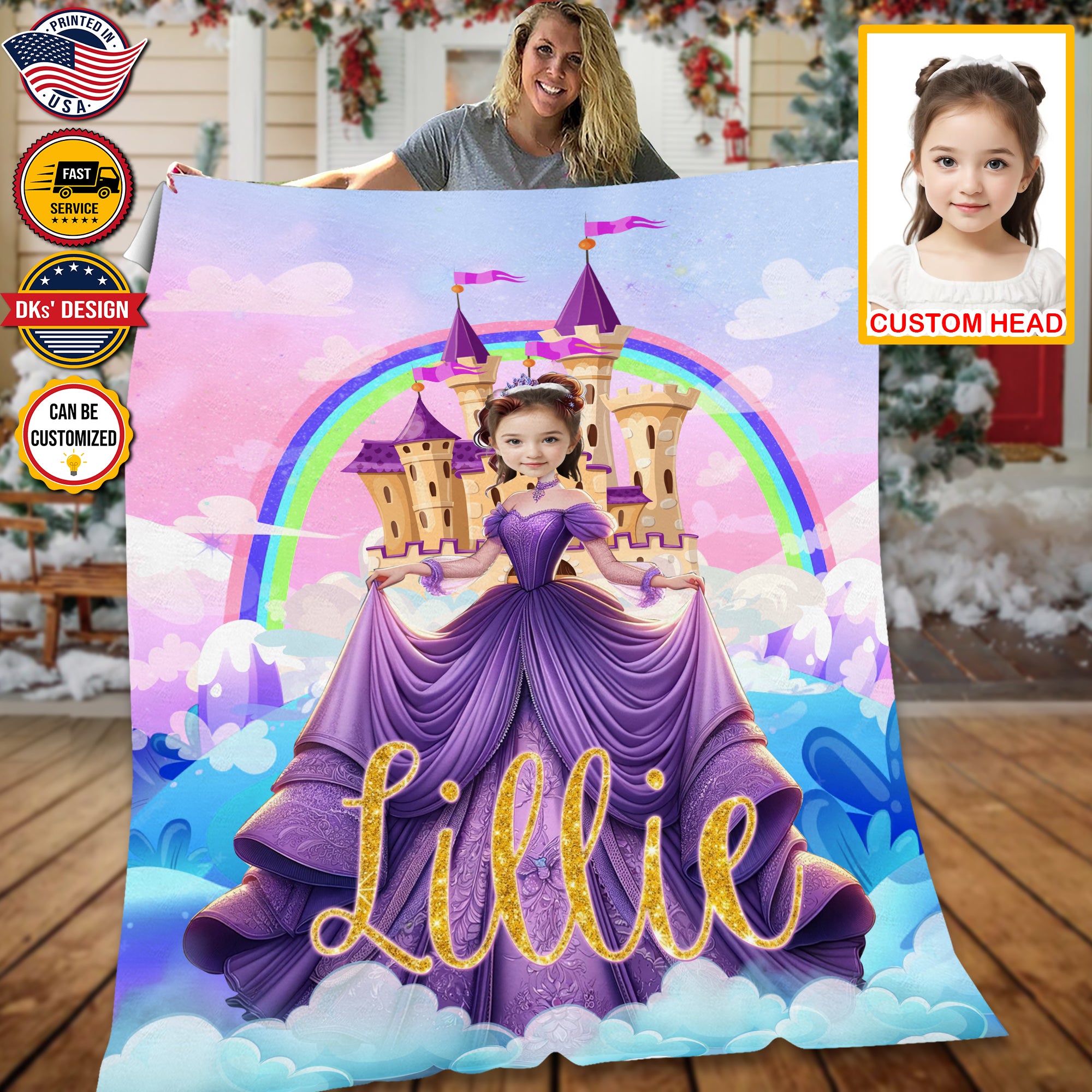Personalized Fairytale Blanket, Purple Princess And Castle Blanket, Custom Face And Name Blanket, Girl Blanket, Princess Blanket for Girl
