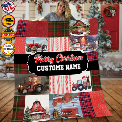 Image of Personalized Christmas Blanket, Custom Baby Christmas Tractor Blanket, Christmas Tractor Blanket, Red Tractor Blanket, Christmas Gift