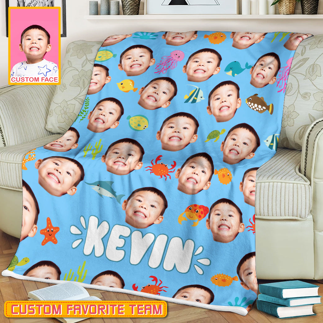 Personalized Name & Photo Boy Custom Face Sea Animals Ocean Animals Blanket