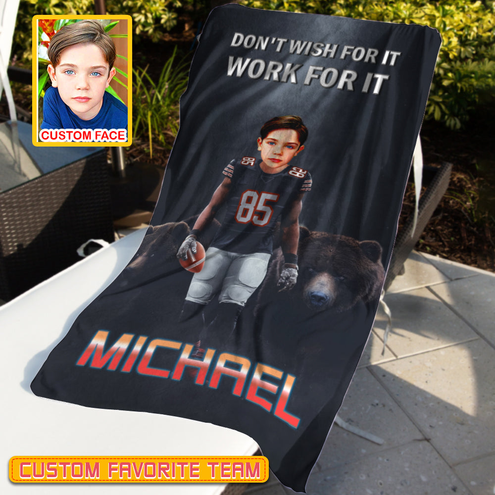 Personalized Name & Photo Don't Wish For It Work For It American Football Beach Towel, Sport Beach Towel