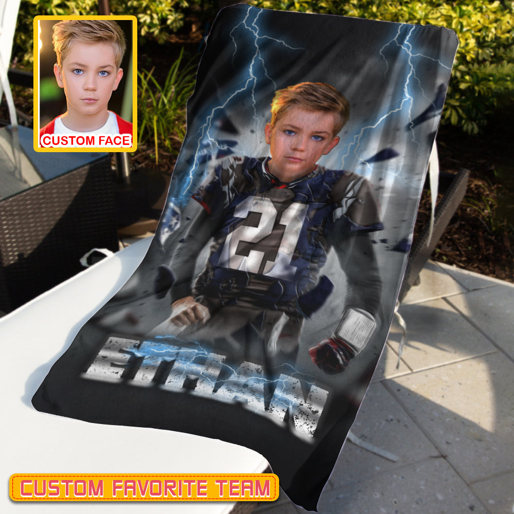 Personalized Name & Photo Break Thunder American Football Beach Towel, Sport Beach Towel, Football Lover Gift