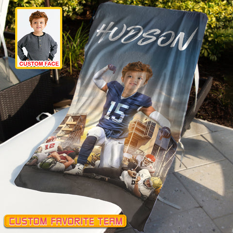 Image of Personalized Name & Photo Winner American Football Beach Towel, Sport Beach Towel