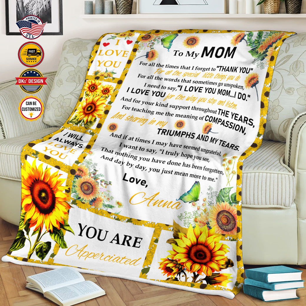 Personalized Mom Blanket, Sunflower To My Mom Blanket, Message Blanket, Customized Mother's Day Gifts