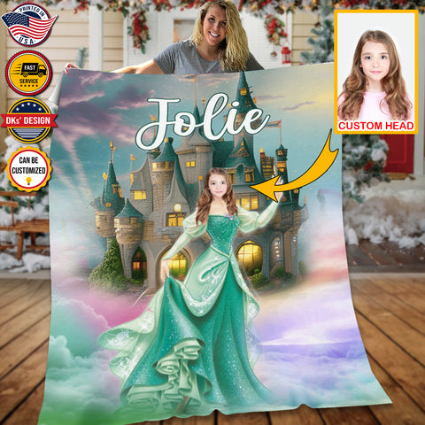 Image of USA Printed Custom Fairytale Blanket | Green Princess and Castle Blanket, Custom Face And Custom Name Blanket, Girl Blanket, Personalize Blanket, Princess Blanket for Girl, Gift For Daughter, Baby Shower Gift, Birthday Gift, Christmas Gifts
