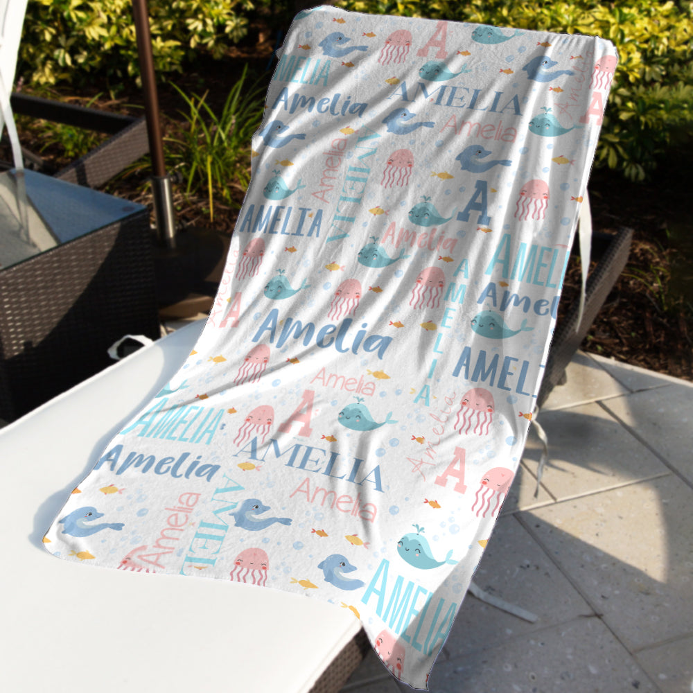 Personalized Name Sea Animals Jellyfish Dolphin Whale Beach Towel