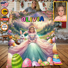 Personalized Easter Blanket, Easter With Princess And Bunny Custom Face And Name Blanket, Blanket for Easter Day, Girl Princess Blanket, Easter Gift