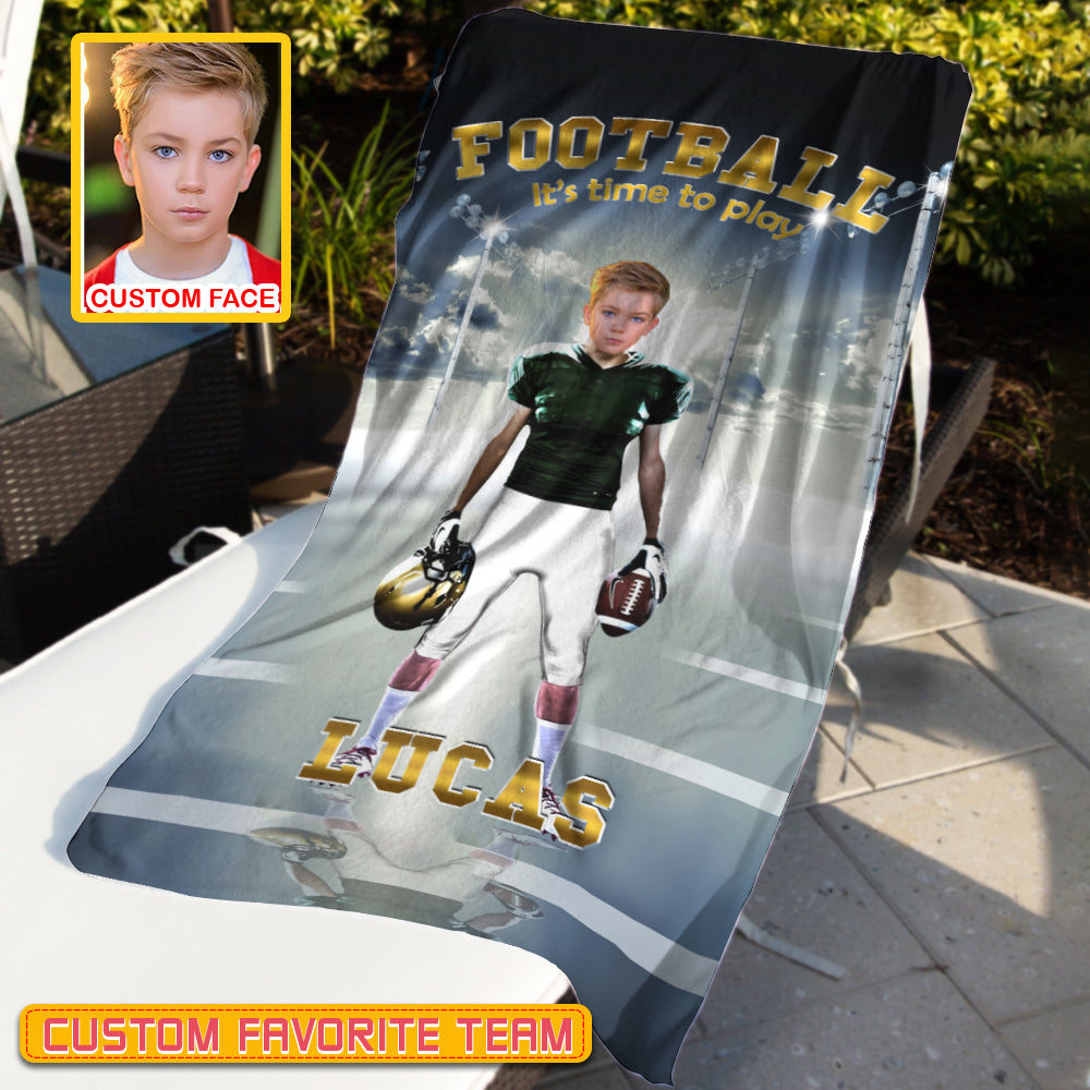 Personalized Name & Photo It's Time To Play American Football Beach Towel, Sport Beach Towel