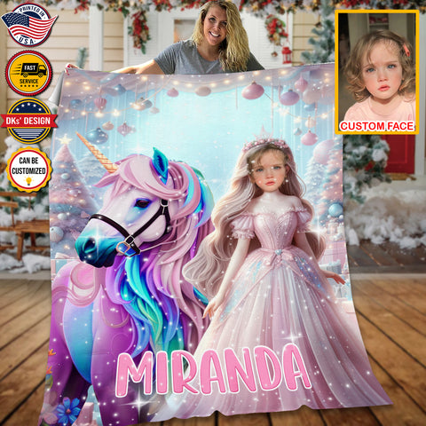 Image of USA Printed Unicorn Blanket | Unicorn Dreams and Birthday Wishes for Christmas Blanket, Custom Face And Custom Name Blanket, Girl Blanket, Personalize Blanket, Princess Blanket for Girl, Gift For Daughter, Baby Shower Gift, Birthday Gift, Christmas Gifts