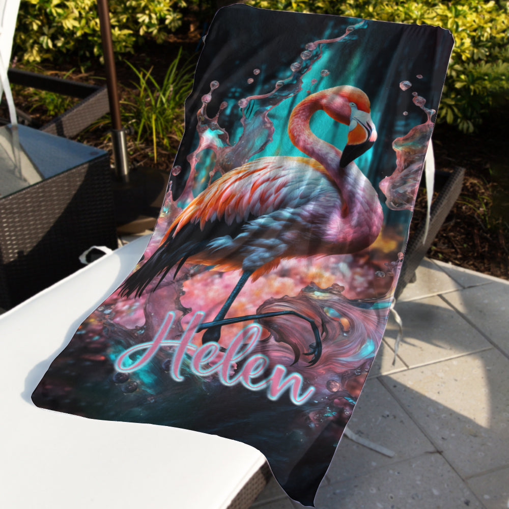 Personalized Name Flamingo Beach Towel, Splash Flamingo Animals Beach Towel, Customized Gifts for Animals Lovers