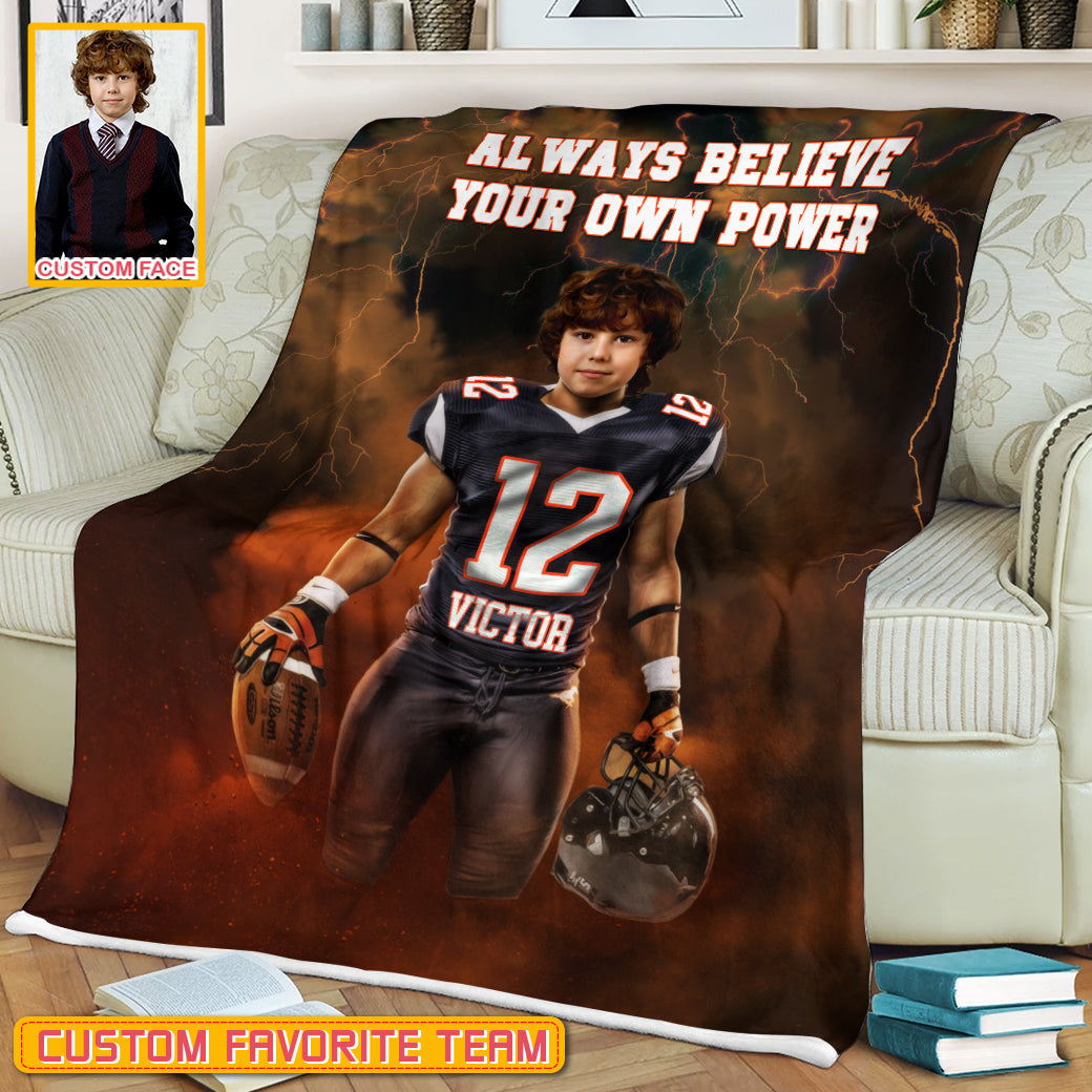 Personalized Name & Photo Always Believe Your Own Power American Football Blanket, Sport Blanket, Football Lover Gift