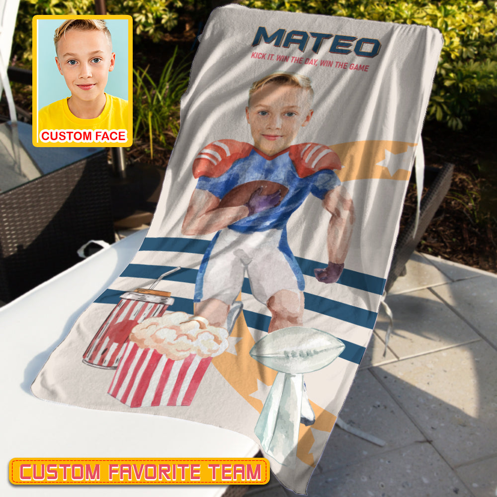 Personalized Name & Photo Kick It Win The Day American Football Beach Towel, Sport Beach Towel, Football Lover Gift