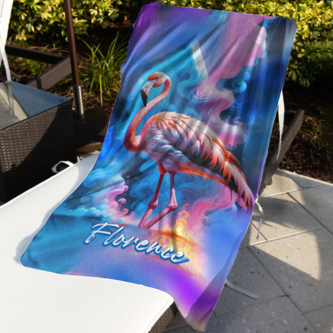 Image of Personalized Name Flamingo Beach Towel, Psychedelic Smoke Flamingo Beach Towel, Customized Gifts for Animals Lovers