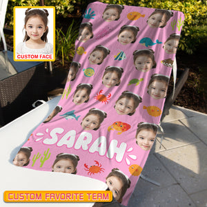 Personalized Name & Photo Girl Custom Face Sea Animals Ocean Animals Beach Towel, Summer Gifts