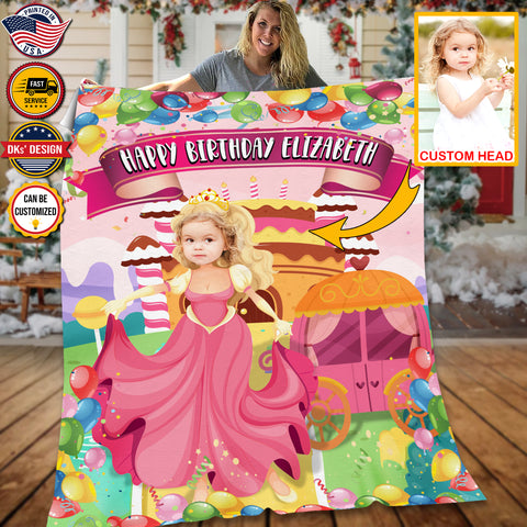 Image of Personalized Birthday Cake Castle Blanket, Custom Face And Name Blanket, Fairy Tale Girl Blanket, Princess Blanket for Girl, Birthday Gift