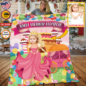 Personalized Birthday Cake Castle Blanket, Custom Face And Name Blanket, Fairy Tale Girl Blanket, Princess Blanket for Girl, Birthday Gift