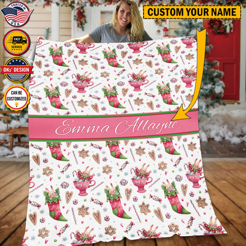 Image of USA Printed Custom Blanket, Watercolor Christmas Socks And Cups Custom Name Blanket, Personalized Christmas Sherpa Blanket, Fleece Blanket, Baby Shower Gift, Christmas Gifts