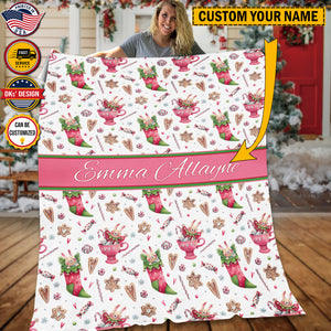 USA Printed Custom Blanket, Watercolor Christmas Socks And Cups Custom Name Blanket, Personalized Christmas Sherpa Blanket, Fleece Blanket, Baby Shower Gift, Christmas Gifts