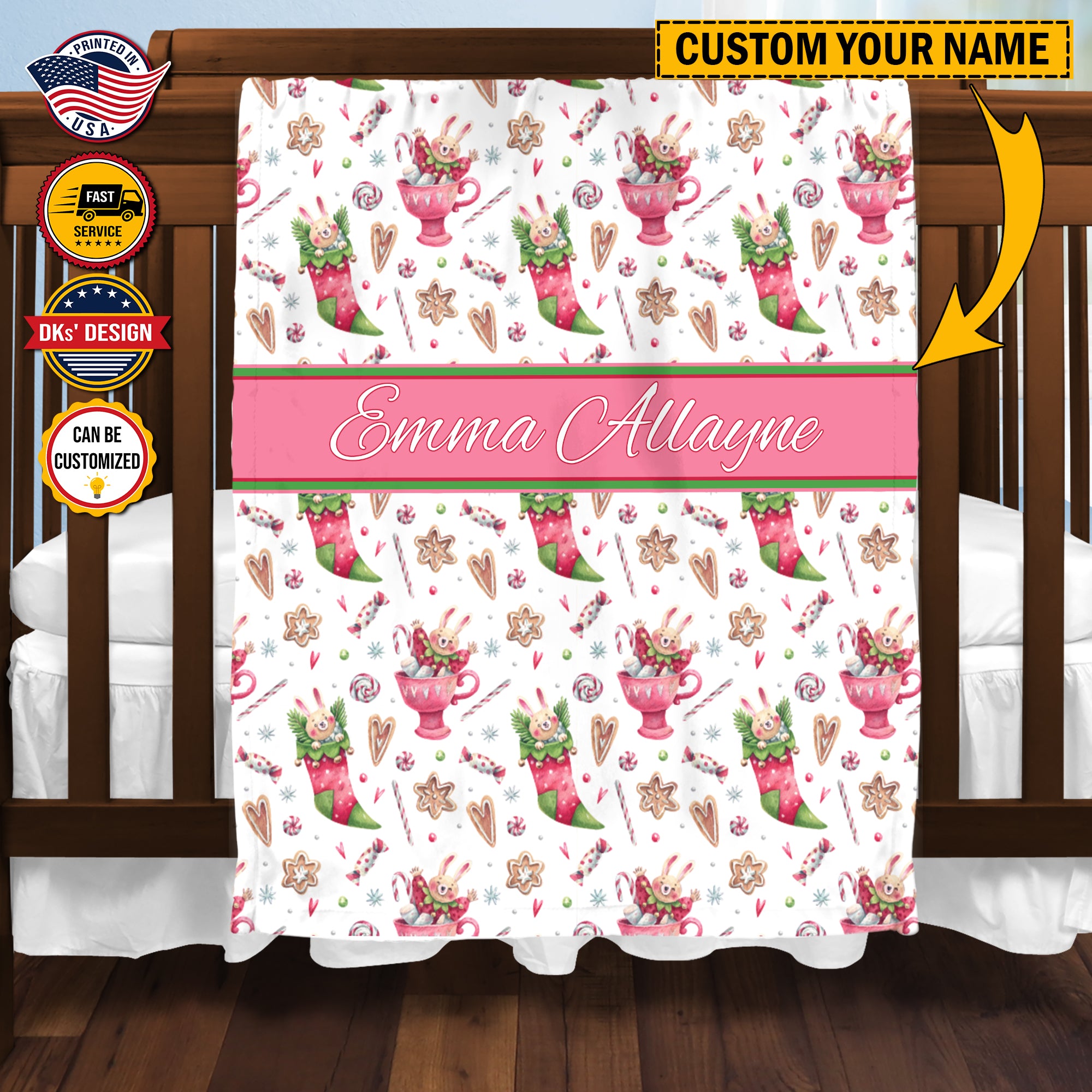 Personalized Watercolor Christmas Socks And Cups Custom Name Blanket, Personalized Christmas Blanket, Baby Shower Gift, Christmas Gifts