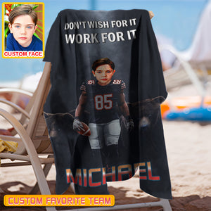Personalized Name & Photo Don't Wish For It Work For It American Football Beach Towel, Sport Beach Towel