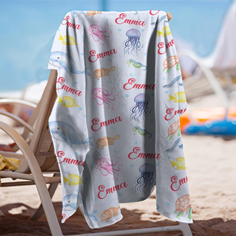Image of Personalized Name Under The Sea Colorful Ocean Animals Beach Towel