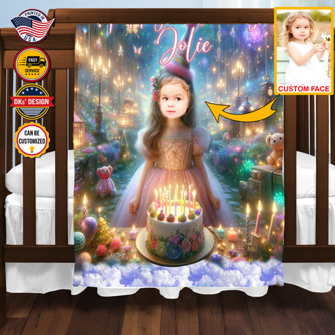 Image of Personalized Birthday Bliss Princess 2 Custom Face And Custom Name Blanket, Girl Birthday Blanket, Princess Blanket for Girl, Birthday Gift