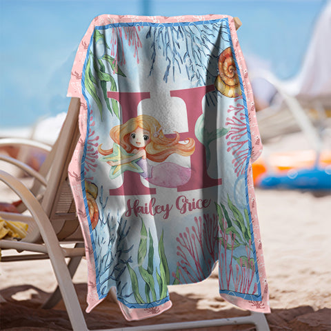 Personalized Initial & Name Mermaid  Coral Girl Beach Towel