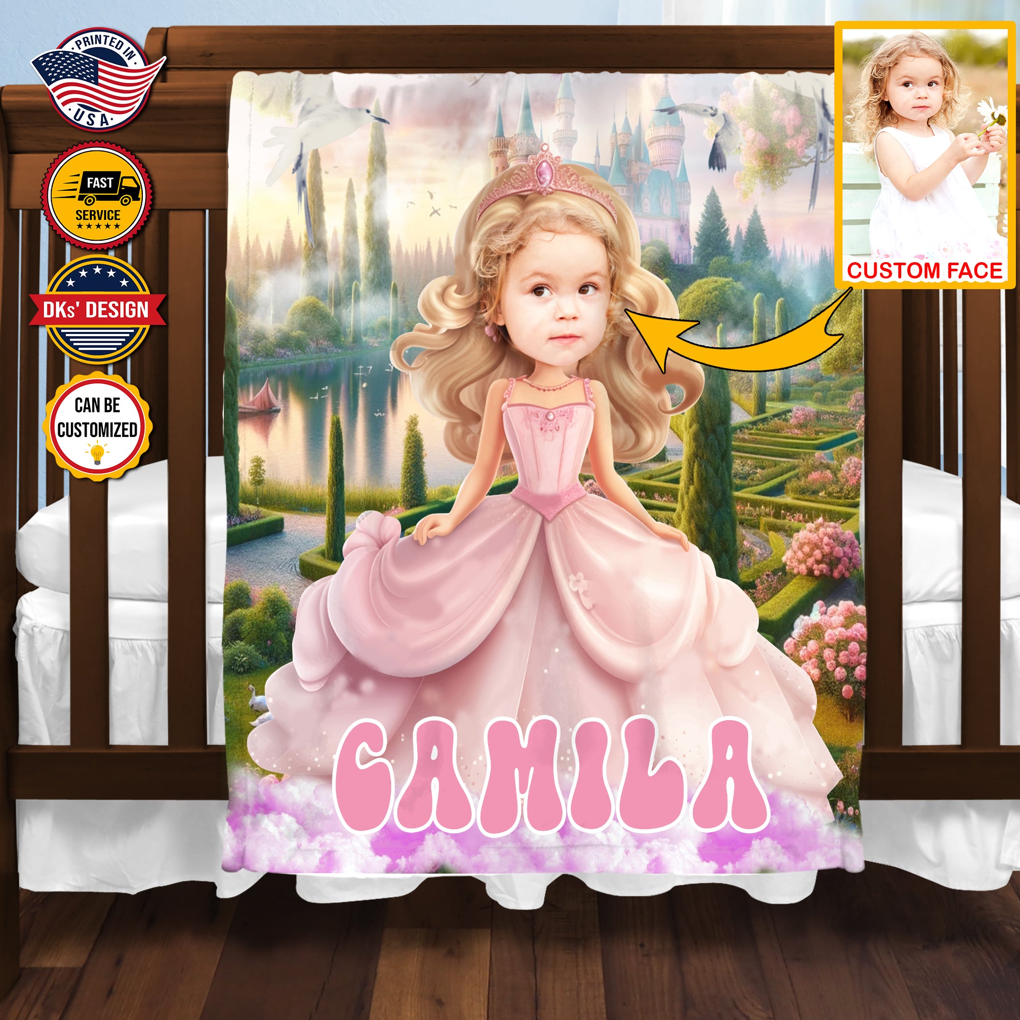 Personalized Fairytale Bliss Custom Face And Custom Name Blanket, Girl Blanket,Princess Blanket for Girl, Gift For Daughter, Baby Shower Gift