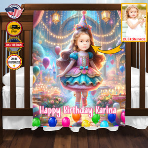 Personalized Birthday Bliss Princess 1 Custom Face And Custom Name Blanket, Girl Birthday Blanket, Princess Blanket for Girl, Birthday Gift