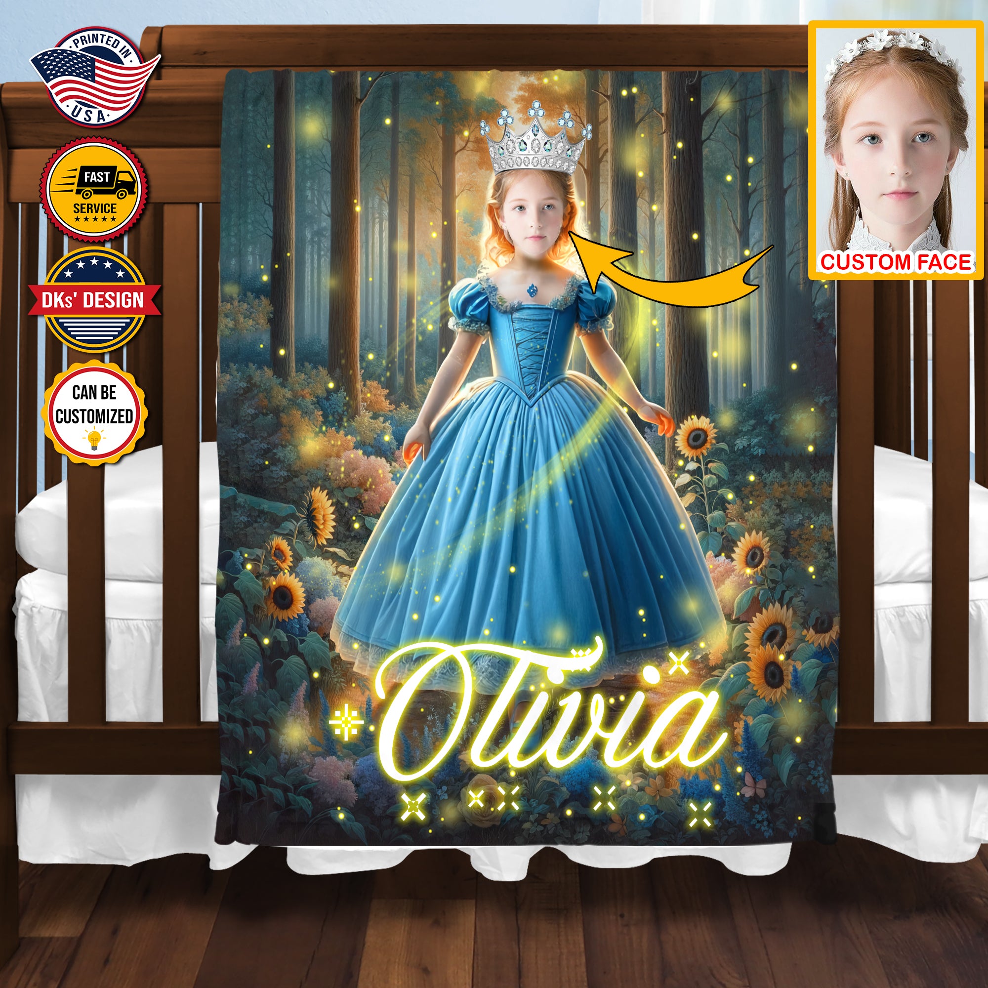 Personalized Forest Princess Personalized Sunflower Custom Face And Name Blanket, Girl Blanket, Princess Blanket for Girl, Baby Shower Gift
