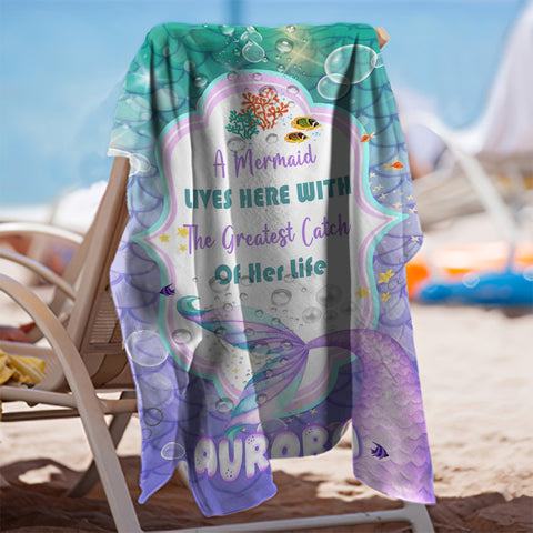 Image of Personalized Name A Mermaid Lives Here Mermaid Beach Towel