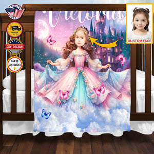 Personalized Fairytale Blanket, Princess With The Whimsical Pink Fairytale Castle Custom Face And Name Blanket, Girl Blanket, Princess Blanket for Girl