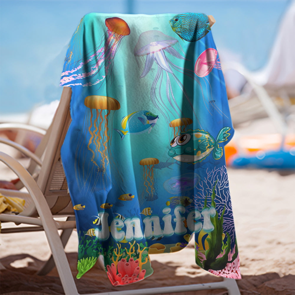 Personalized Name Sea Animals Jellyfish Fish Deep Sea Corals Beach Towel