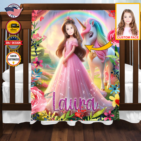 Image of Personalized Fairytale Blanket, Princess & Unicorn's Forest Custom Face And Name Blanket, Girl Blanket, Princess Blanket for Girl, Unicorn Blanket Gift