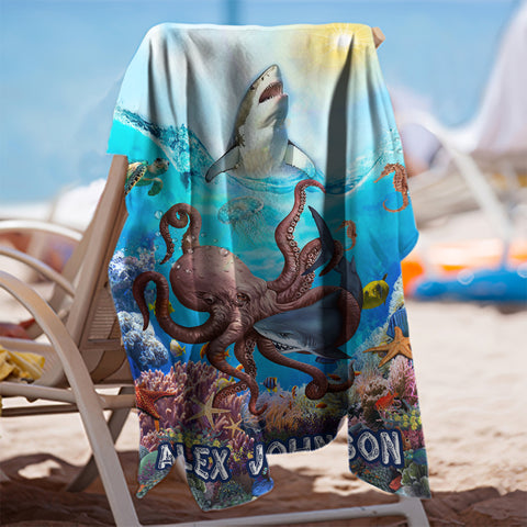 Image of Personalized Name Shark Under The Sea Creature Beach Towel
